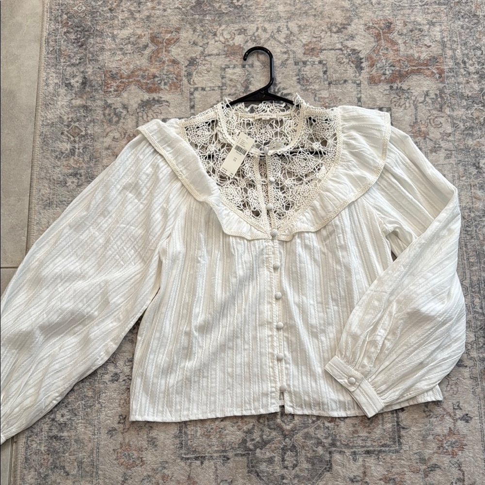 Anthropologie White Lace Trim Blouse